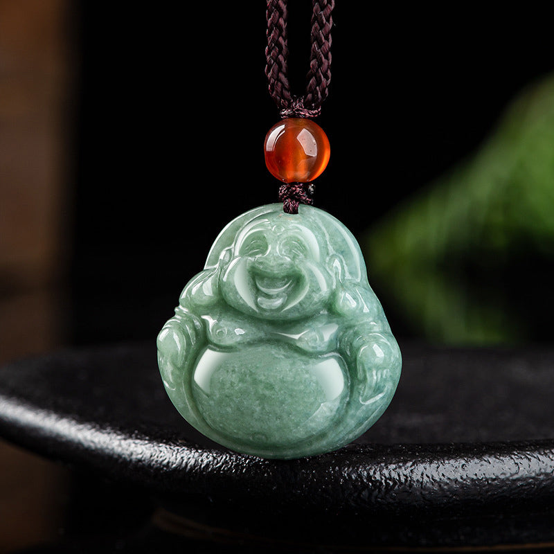 Laughing Buddha Cyan Jade Necklace Success – Natural blue green jade with fine Buddha craftsmanship, executive accessory