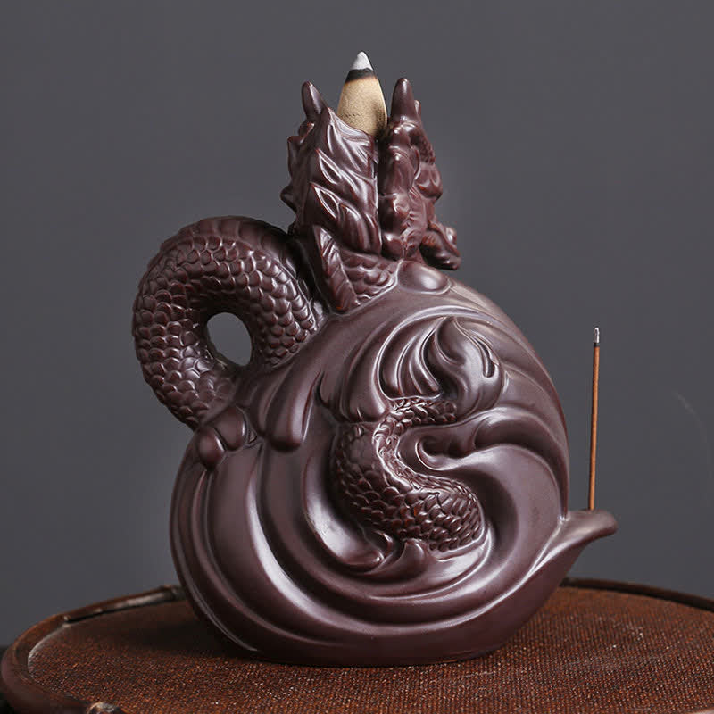 Dragon Pattern Ceramic Incense Burner – close-up of dragon head top with incense cone cavity, Handcrafted