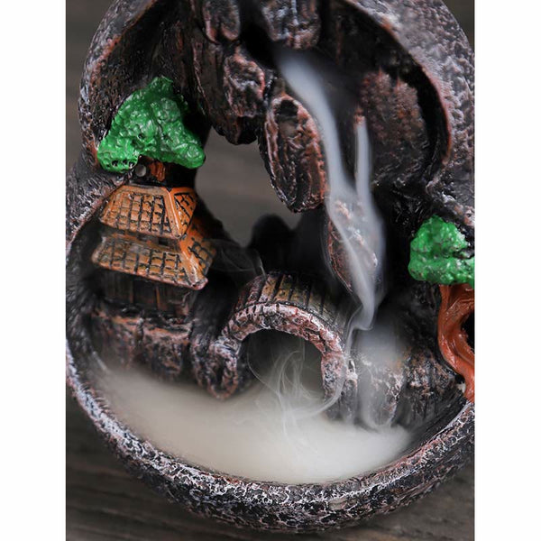 Resin Backflow Incense Burner – Miniature village with pagoda, trees and dense smoke waterfall in stone basin, zen