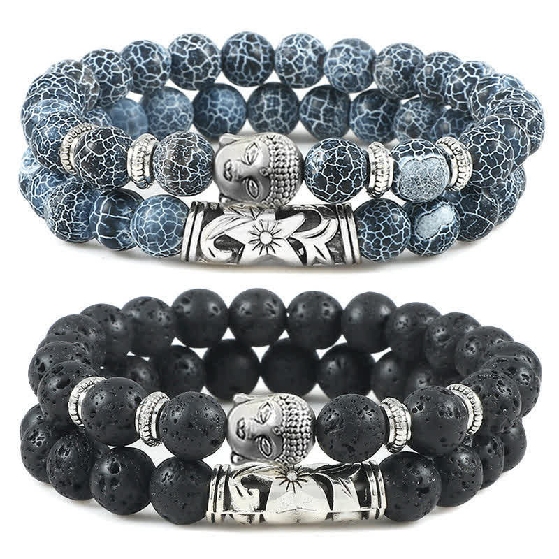 Natural Agate Buddha Protection Bracelet – Blue crackle agate and black lava rock Buddha bracelets stacked, dual protection