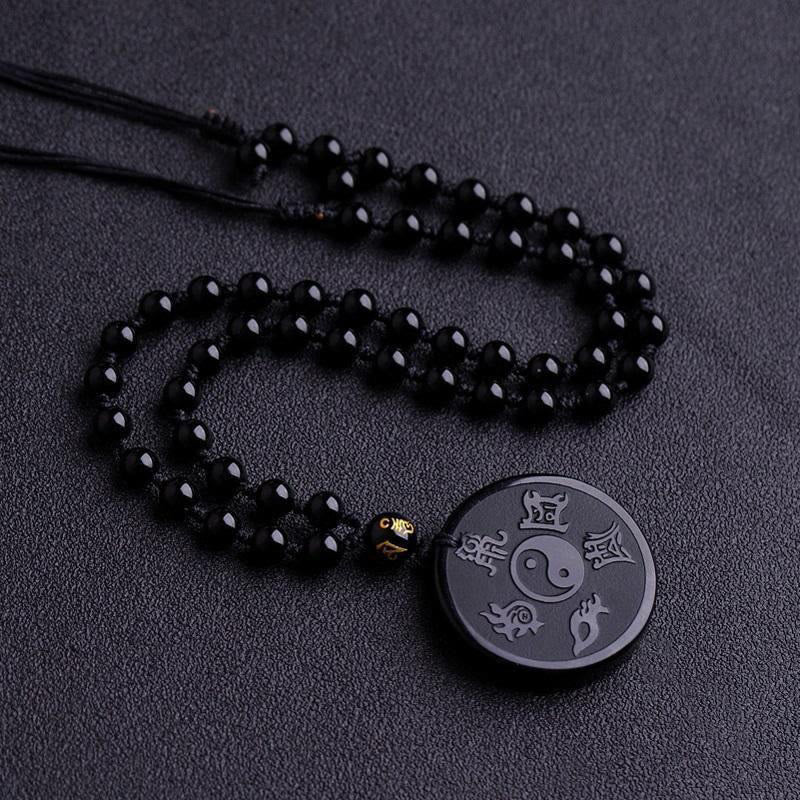 Black Obsidian Bagua Key Chain – Beaded necklace with engraved yin yang pendant, zen talisman