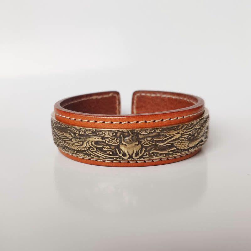 Om Mani Padme Hum Dragon Phoenix Bracelet - Leather cuff with dragon brass plate and white stitching, Spiritual