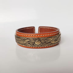 Om Mani Padme Hum Dragon Phoenix Bracelet - Leather cuff with dragon brass plate and white stitching, Spiritual