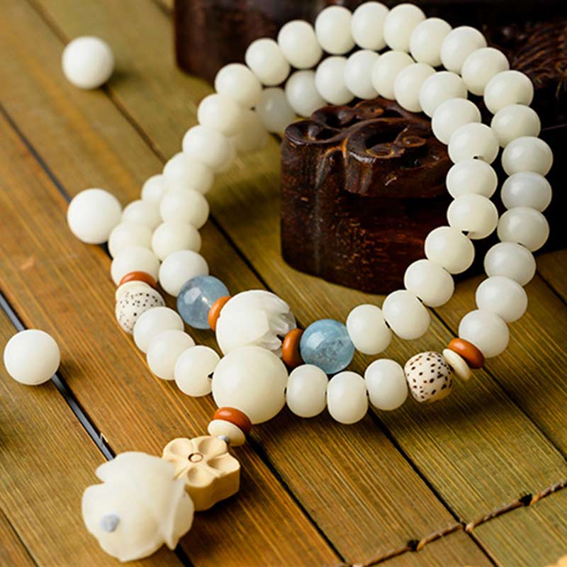 Tibetan White Jade Bodhi Lotus Blessing Bracelet | Enlightenment