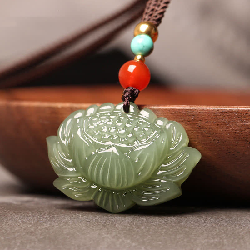 Cyan Jade Lotus Pendant – celadon lotus carving with gold turquoise carnelian on braided cord, harmony