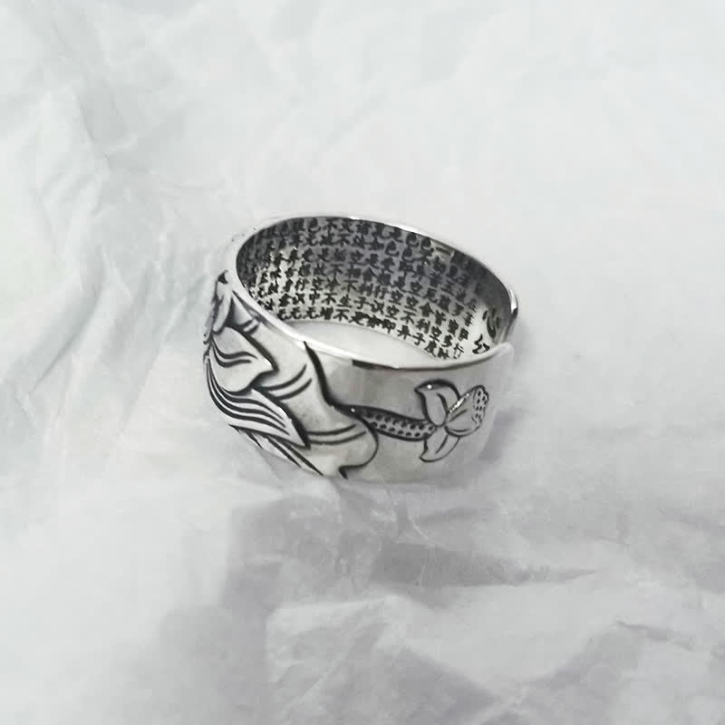 999 Silver Lotus Ring – flowing leaf engraving with dense sutra text inside