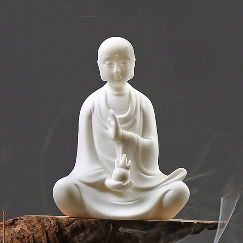 Ceramic LED Bodhisattva Decoration – white monk, lotus flower, gray background, wood base, peace