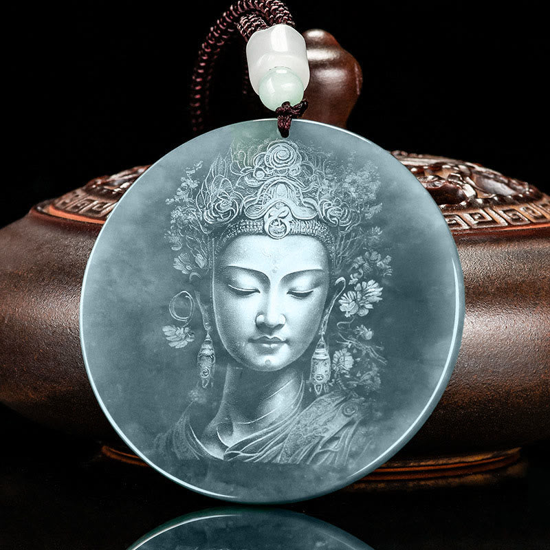Kwan Yin Jade String Necklace – angled view of Guanyin relief on translucent green jade disc with bronze vessel prop, dark background, prosperity amulet