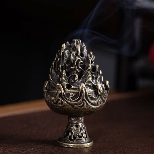 Bronze Boshanlu Incense Burner – Dramatic low-angle shot with smoke through mountain peak lid, dark atmospheric background