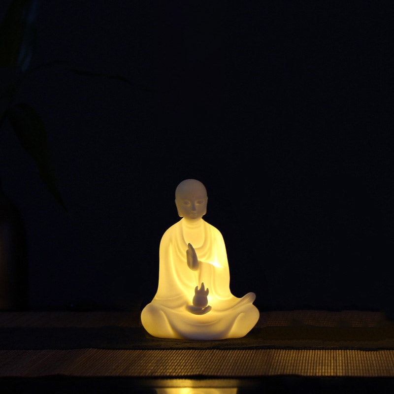 Ceramic LED Bodhisattva Decoration – glowing monk, flame in hand, LED warm, dark, night lamp