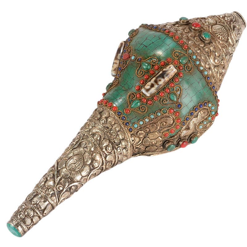 Double Dorje Shankha Conch – beside vajra bell and damaru, complete tantric ritual instrument set