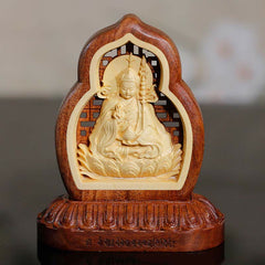 Guru Rinpoche Wood Statue – finely engraved Padmasambhavan figure, Tibetan Buddhist master decor
