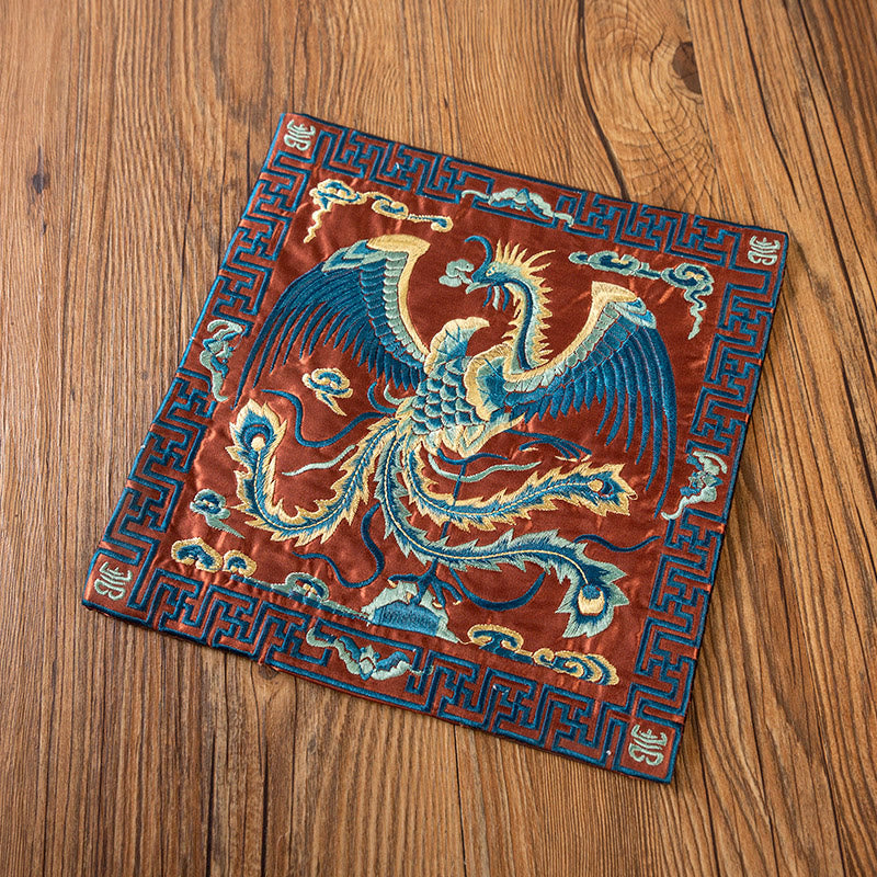 Phoenix Dragon Kirin Embroidery Tea Cup Mat - Rust-orange base teal phoenix emblems, Warm Heritage