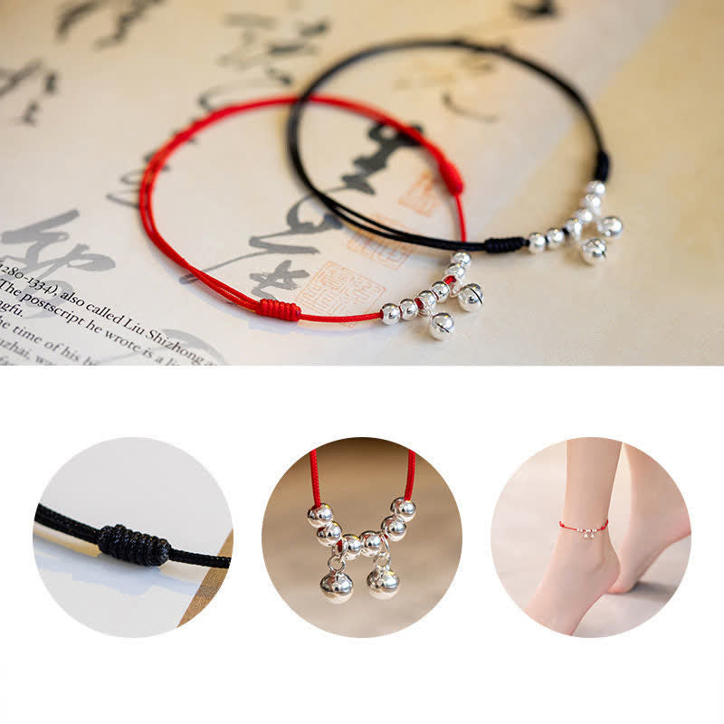 925 Sterling Silver Red String Bell Charm Anklet, image 10