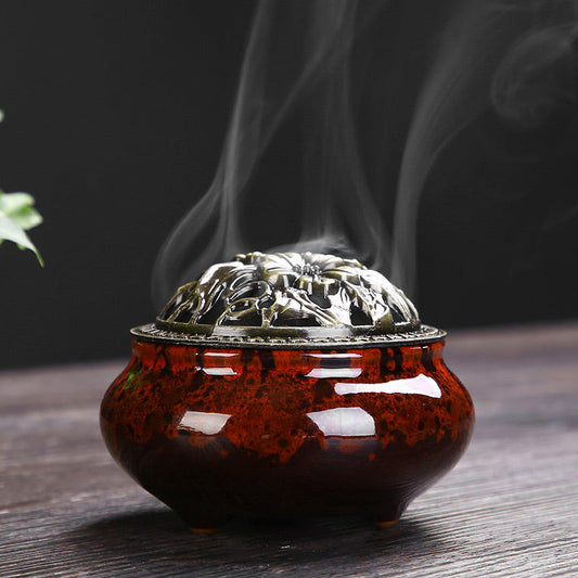 Flower Pattern Ceramic Burner – oxblood red glaze with bronze lotus lid and smoke, zen
