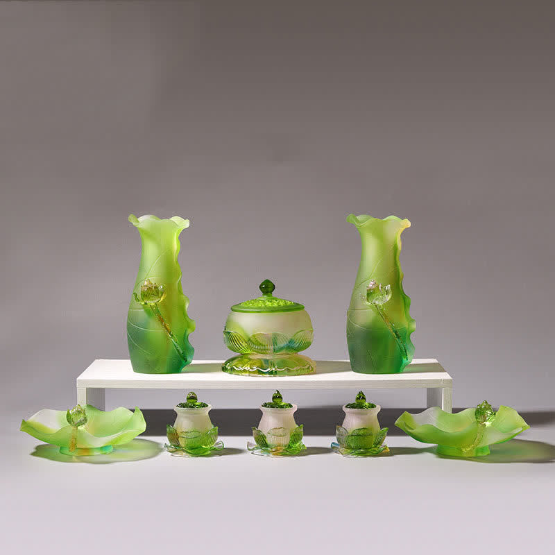 Feng Shui Lotus Liuli Crystal – complete seven-piece lotus collection, prosperity decor