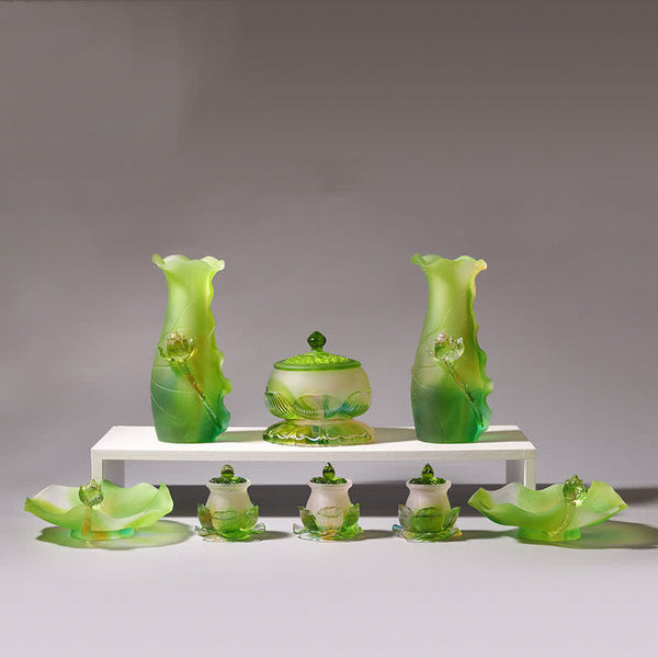 Feng Shui Lotus Liuli Crystal – complete seven-piece lotus collection, prosperity decor