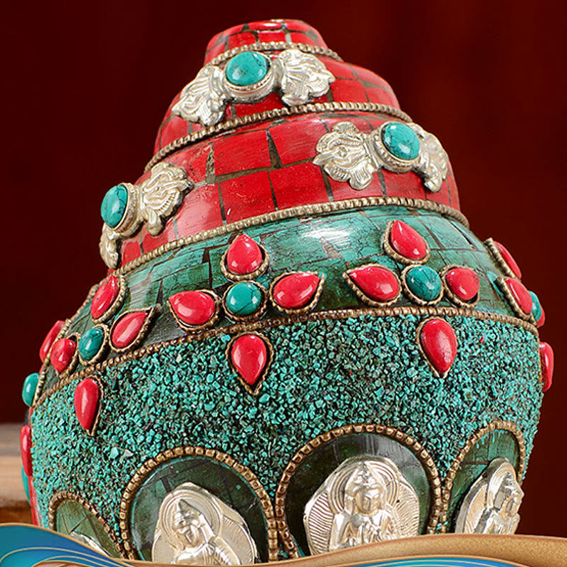 Turquoise Shankha Conch – rear carving of Om Mani Padme Hum with coral accents, mantra shell decor