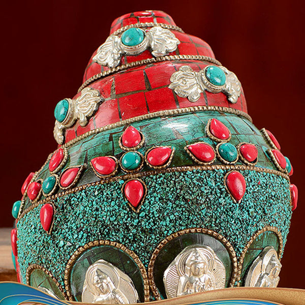 Turquoise Shankha Conch – rear carving of Om Mani Padme Hum with coral accents, mantra shell decor