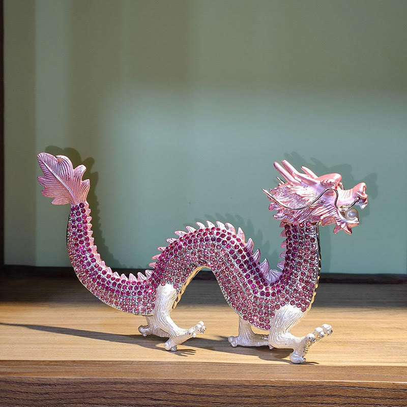 Handmade Feng Shui Dragon Decoration – Pink iridescent dragon three-quarter view, crystal pavé scales, pearl in mouth, Luminous