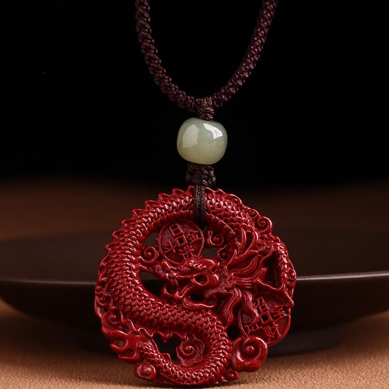 Cinnabar Hetian Jade Dragon Necklace - dragon holding fortune coin, jade bead on braided cord
