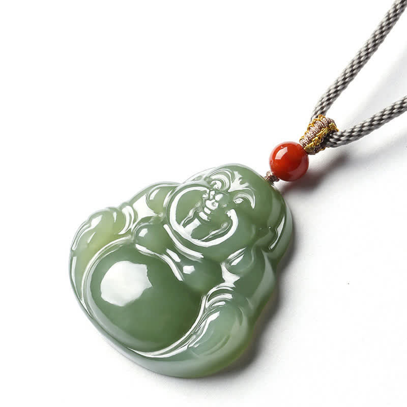 Hetian Jade Laughing Buddha Abundance String Necklace Pendant – sliding knot mechanism close-up, adjustable unisex necklace