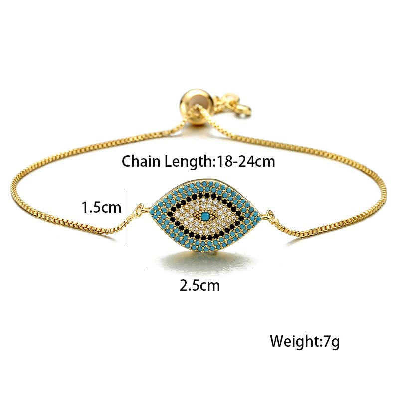 Evil Eye Healing Bracelet – Gold chain evil eye bracelet with size specs on white, adjustable 18-24cm