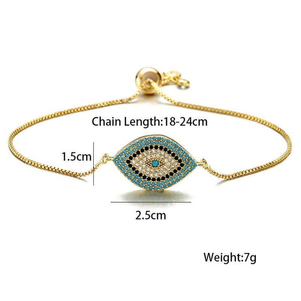 Evil Eye Healing Bracelet – Gold chain evil eye bracelet with size specs on white, adjustable 18-24cm
