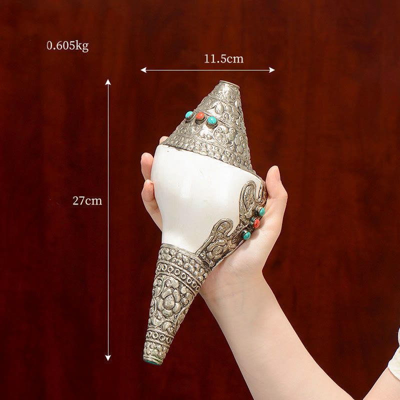 Tibetan Shankha Conch Shell Decoration – Animal tooth amulet, silver engraved mount, ethnic tribal pendant, Primitive