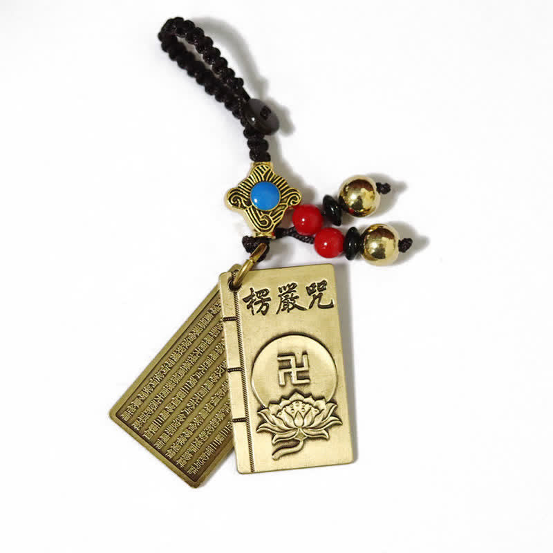 Feng Shui Yin Yang Bagua Keychain - Twin brass Surangama Mantra pendants with lotus, Buddhist charm