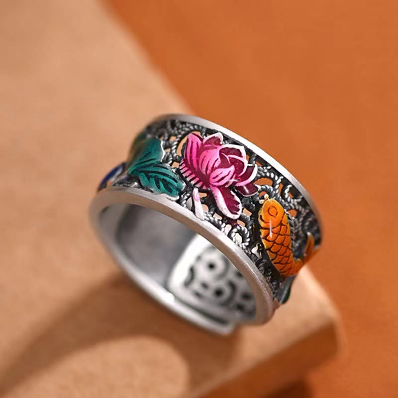 Copper Enamel Koi Fish Ring – top view showing blue enamel lotus and koi fish design on copper band