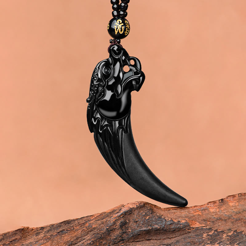 Black Jade Dragon Tooth Pendant – floating tip on weathered wood, black obsidian gloss, primal strength amulet