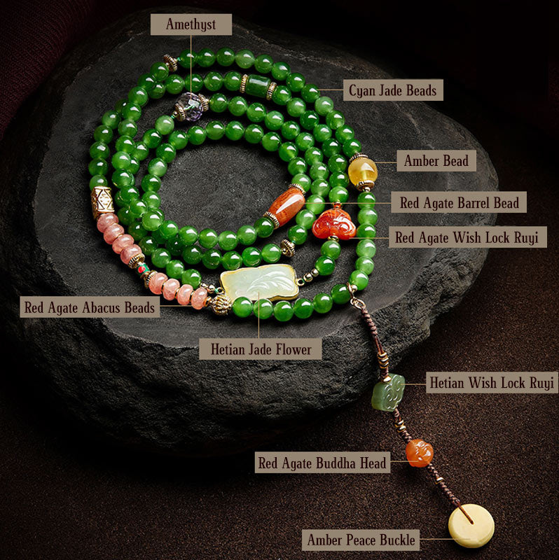 108 Mala Beads Jade Agate Bracelet – Used in meditation hand position, spiritual practice tool