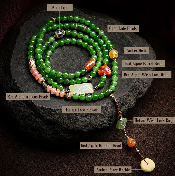 108 Mala Beads Jade Agate Bracelet – Used in meditation hand position, spiritual practice tool