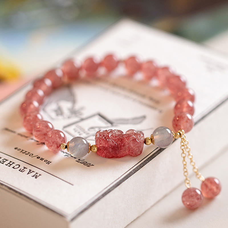 Strawberry Quartz Moonstone Bracelet – white book pink PiXiu moonstone beads, love healing luck