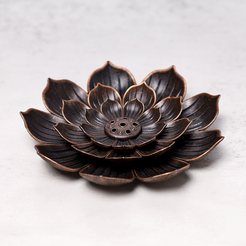 Six-Hole Lotus Incense Burner overhead view, antique bronze tiered petals, purify