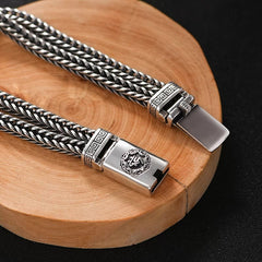 Om Mani Padme Hum Braid Bracelet – Macro clasp detail, wheat chain, oxidized silver finish