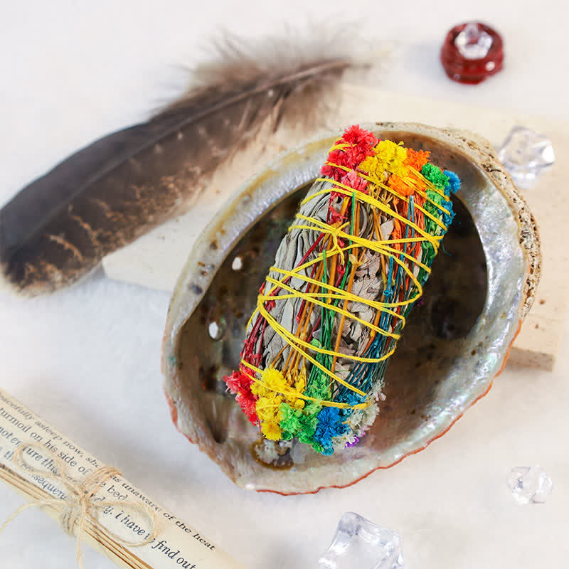 Smudge Stick Set with Abalone Shell - Rainbow stick in shell with feather on aged paper, ritual