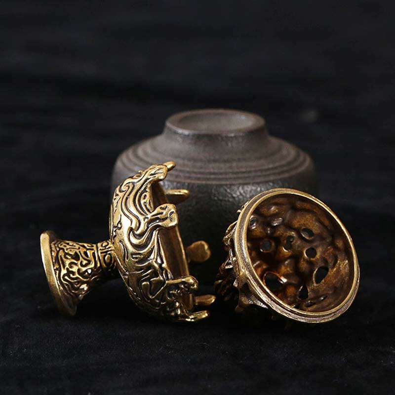 Copper Censer on Stone – Three-quarter view on textured stone surface with smoke rising, wood grain bokeh background