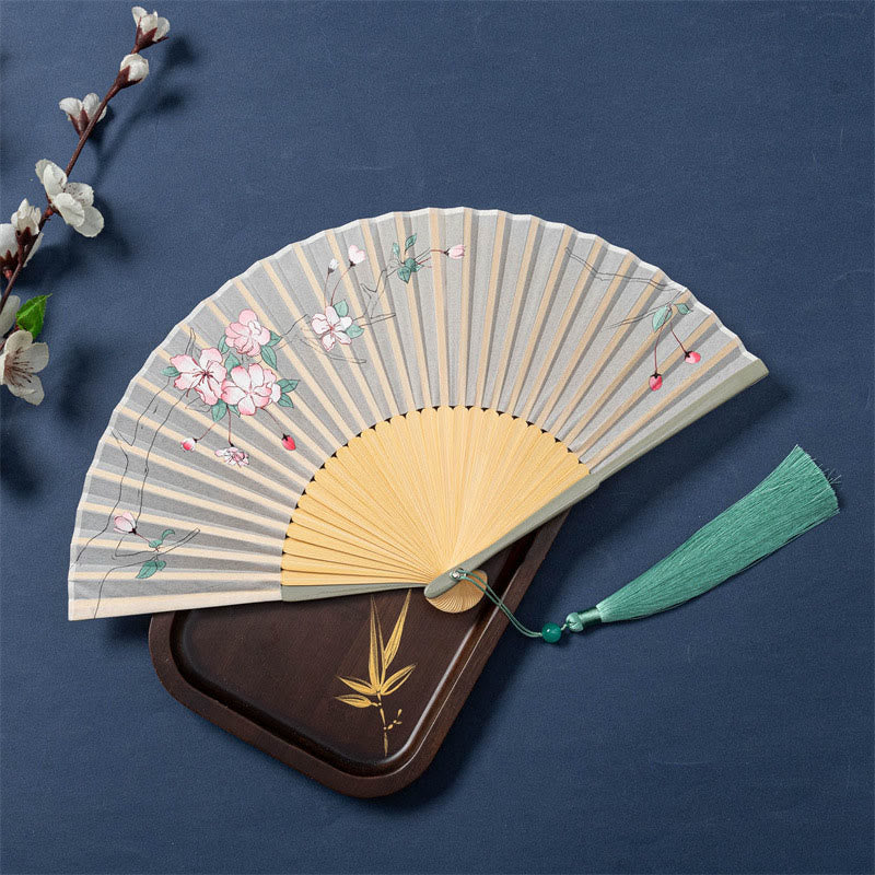 Lotus Begonia Jasmine Handheld Bamboo Folding Fan - begonia jasmine cluster on cream paper, teal tassel
