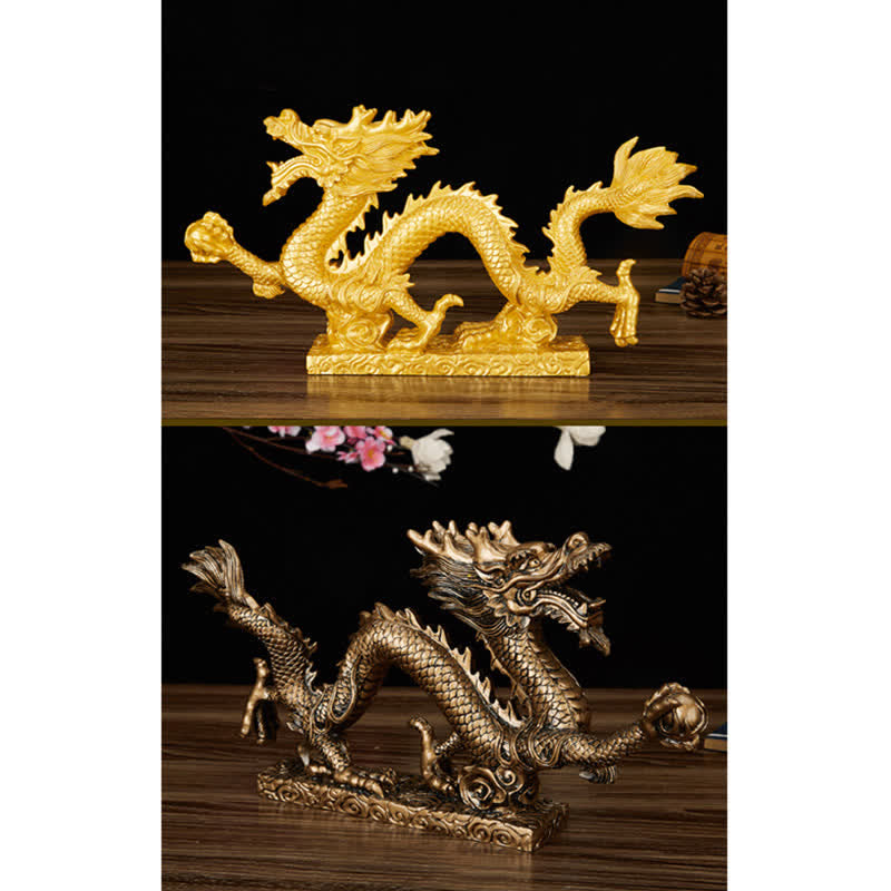 Dragon Decoration Pair - gold patina dragons black flowers, protective, lucky
