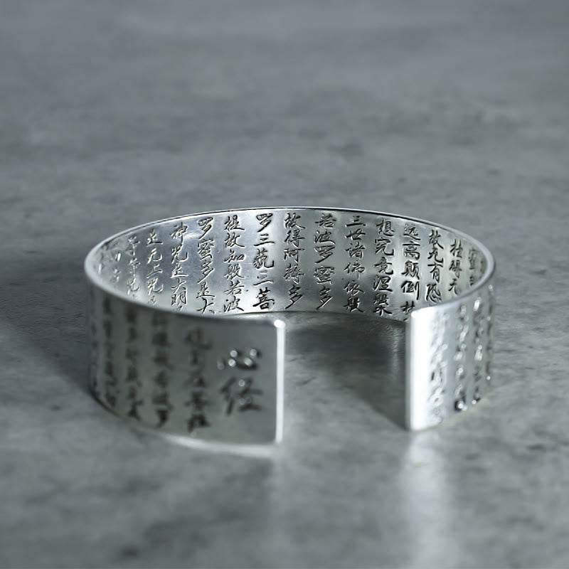 Tibetan Lotus White Copper Luck Bracelet - Silver cuff with Heart Sutra calligraphy on gray stone, Mindful protection