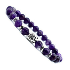 Amethyst Buddha Bracelet – Angled 45-degree view of purple amethyst beads with Buddha head, healing