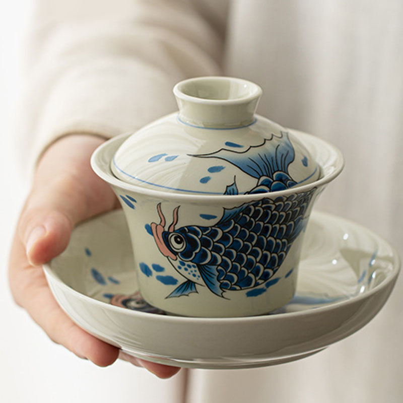 Koi Fish Gaiwan – lid tilted for pouring showing spout area, sancai gaiwan