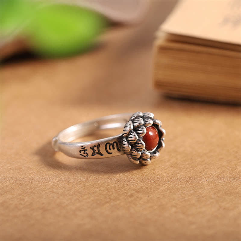 925 Silver Lotus Red Agate Ring – oval carnelian cabochon in textured petal setting, engraved Tibetan band, artisan bohemian ring