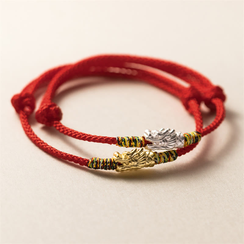 Sterling Silver Dragon Red Rope Bracelet - gold and silver dragon head charms on woven red cord pair, Luck