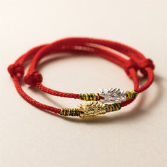 Sterling Silver Dragon Red Rope Bracelet - gold and silver dragon head charms on woven red cord pair, Luck