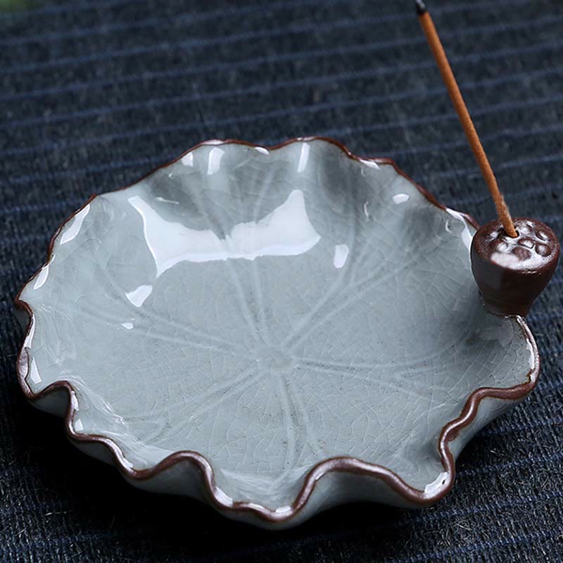 Lotus Ceramic Backflow Incense Burner - lotus leaf ash catcher with crackle glaze and pod stick holder