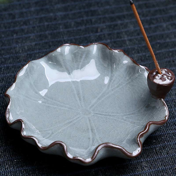Lotus Ceramic Backflow Incense Burner - lotus leaf ash catcher with crackle glaze and pod stick holder