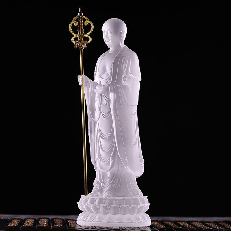 Ksitigarbha Liuli Crystal Figurine – Detailed robe folds in glowing crystal, spiritual sculpture